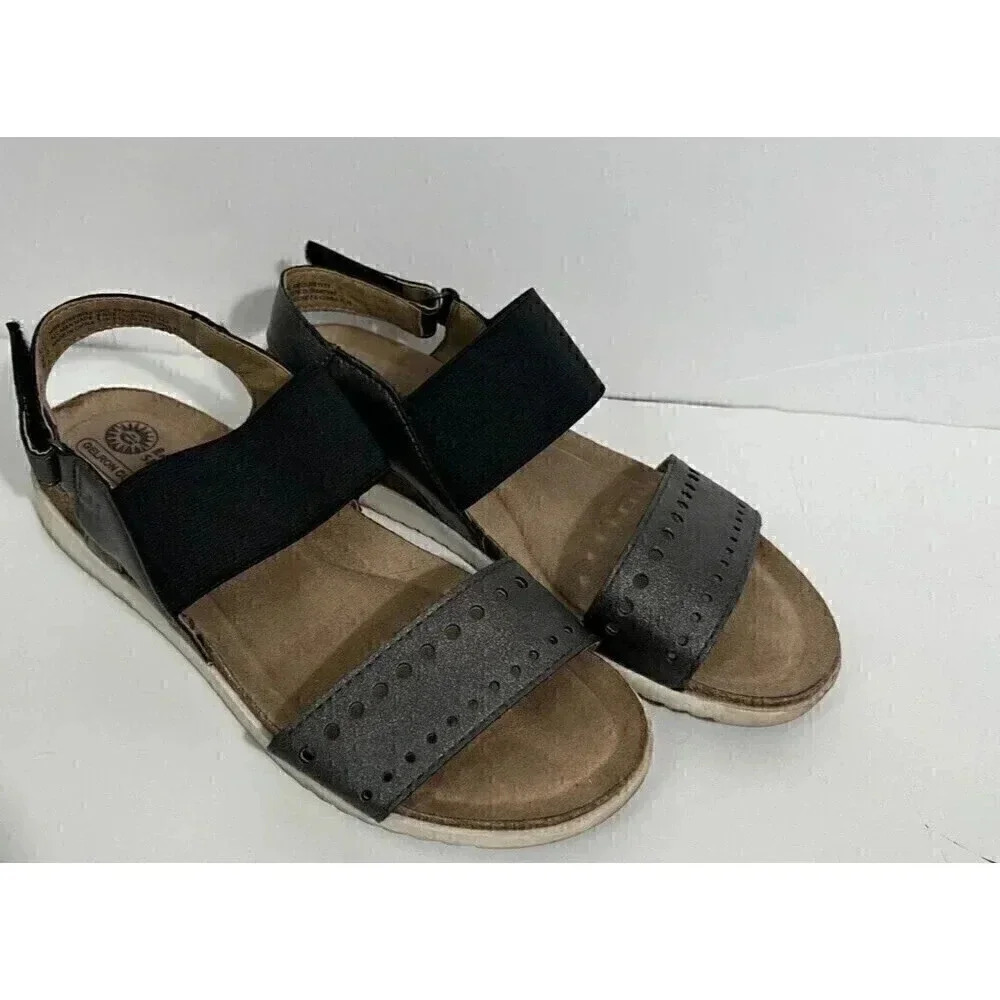 Earth Spirit Womens Sandals Metallic Gray Slingback Black Elastic Size 6